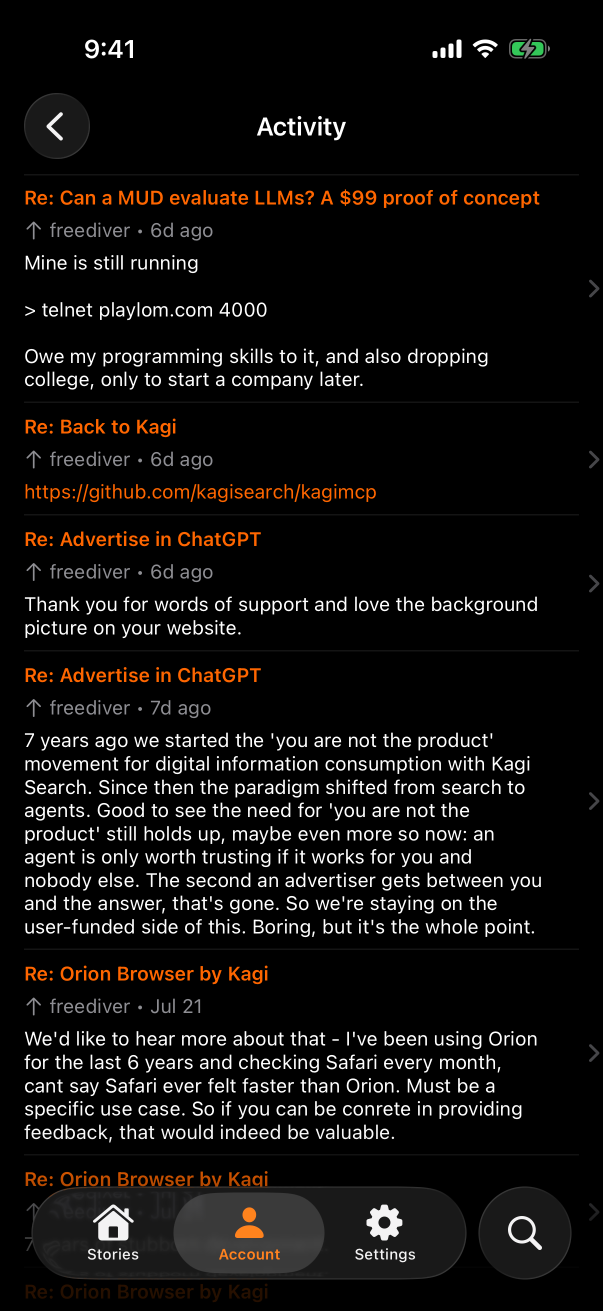 Jacobian's Activity view listing a Hacker News user's recent comments in True Black