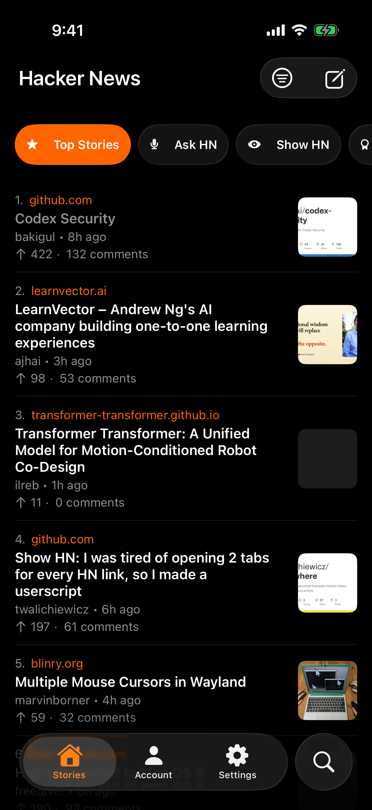Jacobian's Top Stories feed in True Black, real Hacker News stories with domains, points, comment counts, and thumbnails