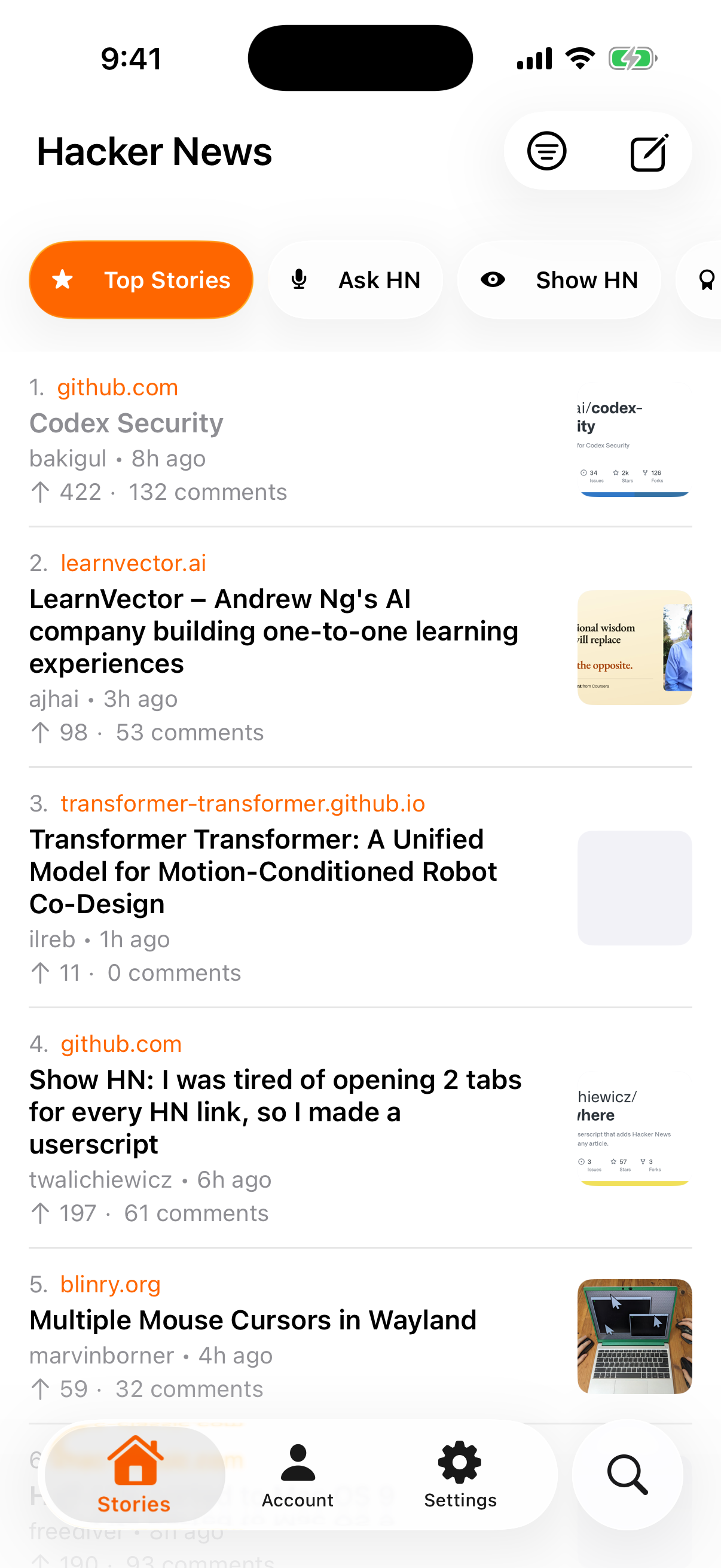 The same Top Stories feed in light mode on a white background