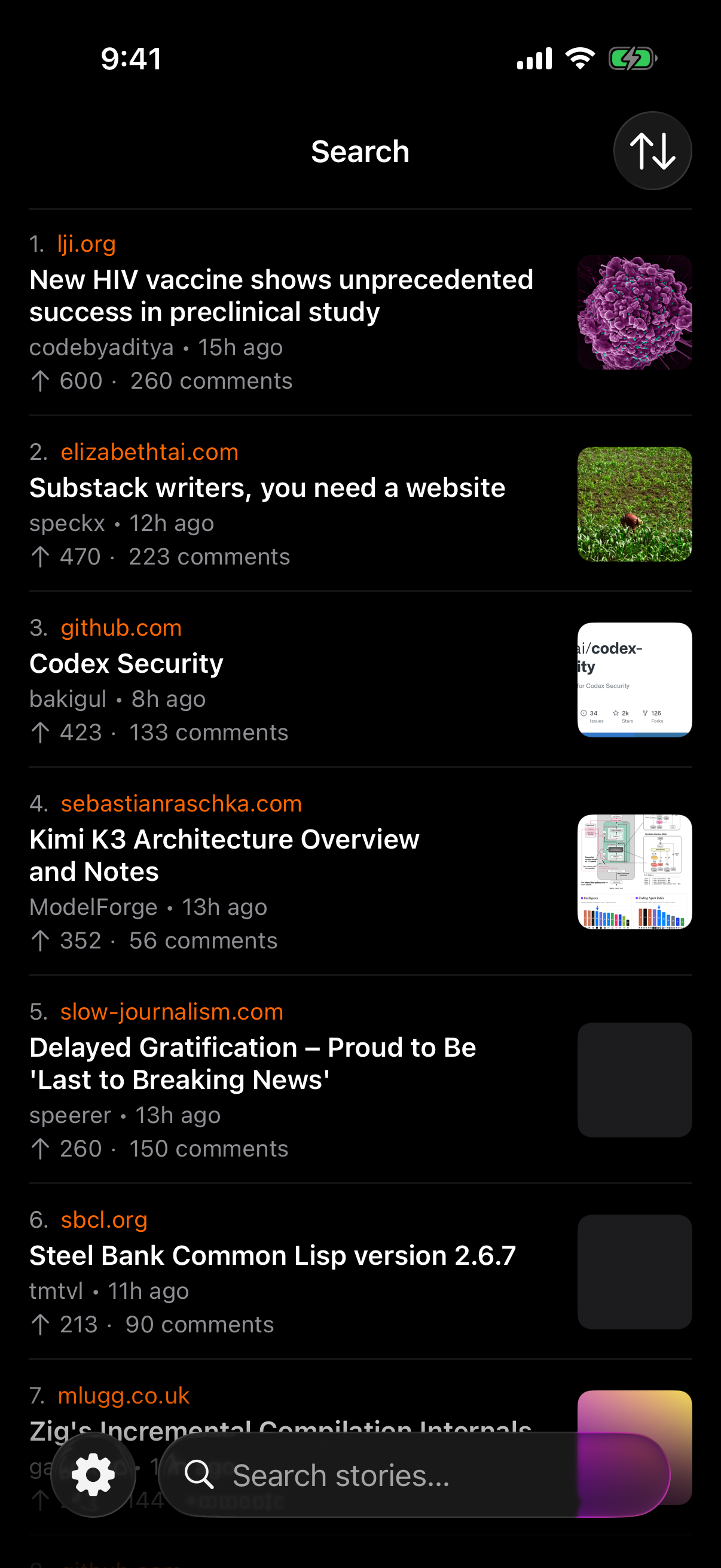 Jacobian's full-text search over Hacker News, results sorted with points and comment counts and a floating search field